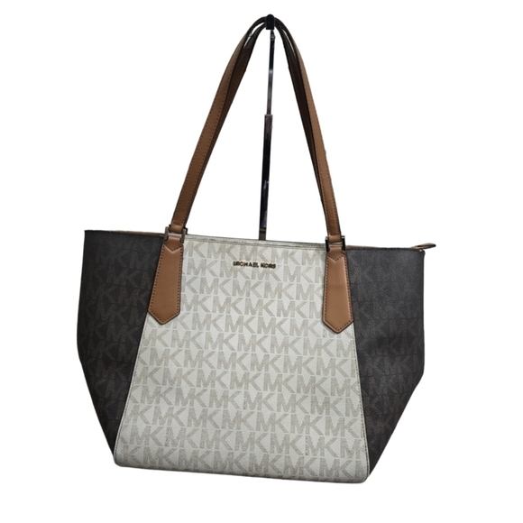 Michael Kors Kimberly LG Leather Tote White & Brown logo - Picture 1 of 17